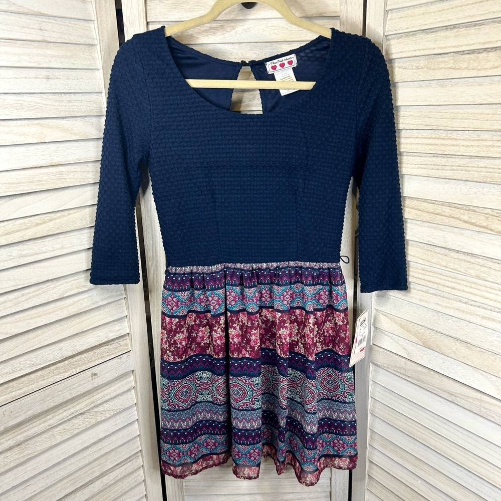 Three Pink Hearts Navy & Berry Pink Print Three Quarter Sleeve Mini Dress New
